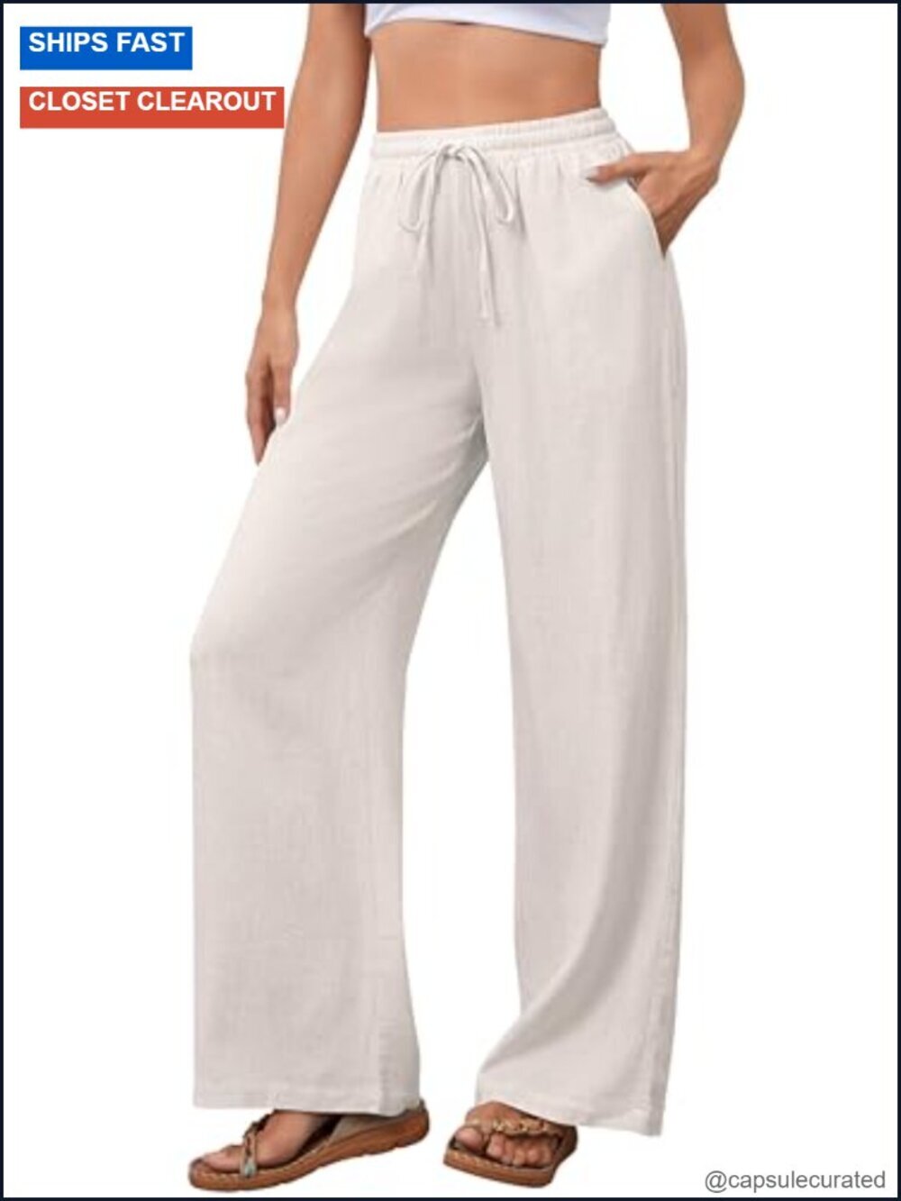 Cotton Linen Palazzo Pants Drawstring Elastic Waist Wide Leg Lounge Trousers